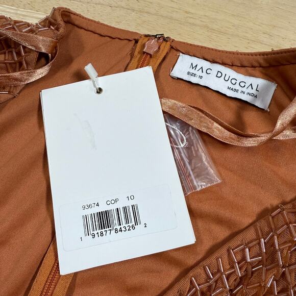Mac Duggal NWT Copper Beaded Wrap Over Puff Sleeve Dress Rhinestone Waist Sz 10 - Picture 6 of 10